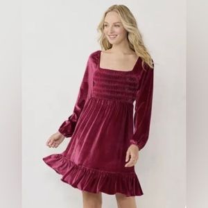 NEW LC Lauren Conrad Smocked Velvet long sleeve Mini Dress